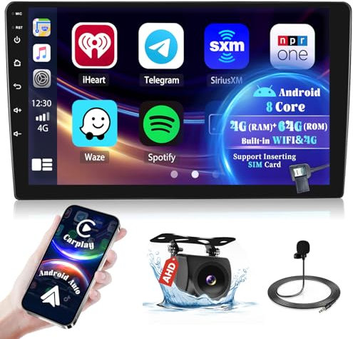 Ohradio 8 Núcleo/4G+64G/Carte SIM Android 15 Radio Coche 2 DIN con Carplay Inalámbrico Android Auto Inalámbrico, 9 Pantalla Táctil con WiFi 4G SIM GPS RDS Am FM Radio DSP USB SWC Cámara Trasera