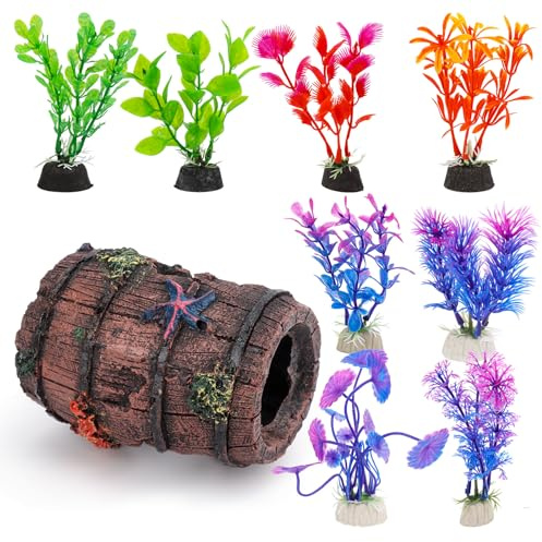 FIDWALL Aquarium Deko ZubehöR,Aquarium Dekorationsset,1 StüCk Harz Seestern Eimer,8 StüCk Aquarium Pflanzen KüNstlich,Fischsicher,Aquarium ZubehöR Deko, Leuchtende Farben
