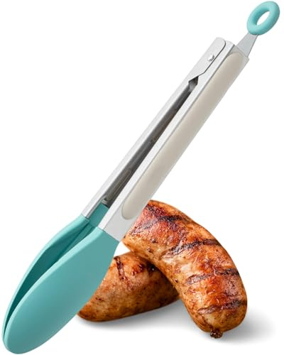 Taylors Eye Witness Large Steel Buttermilk & Turquoise Silicone Tongs – Dishwasher Safe, Sturdy Build, Non-Scratch, Heat Resistant (260°C/500°F), 17cm/7 inch