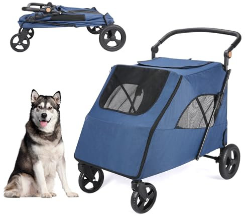 Hundewagen Große Hunde,doppelte Kapazität für Hunde, Buggy für Hunde Kinderwagen Hunde Faltbar Klappbar 4 Rädern Hundewagen (P04CX-Marineblau)