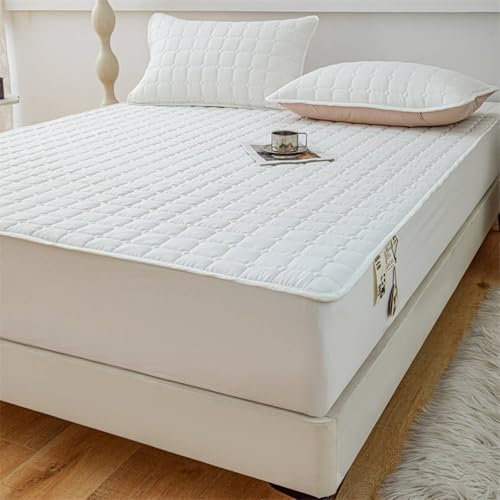 Epinki Betttuch & 2er Kissenbezüge 180x200cm Set 3teilig Hülle, Spannbettlaken Gesteppt Einfarbig Milchig weiß Faltenresistent und Ausbleichen, Baumwolle Tagesdecken für alle Jahreszeiten