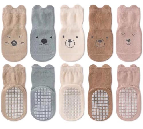 HAGOT 5 Paires Chaussettes Antidérapantes Bébé, Chaussettes Bébé Fond En Silicone, Coton Chaussette Enfant, Motif Animaux, aux 0-12 mois/1-3 ans