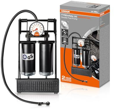 OSRAM TYREinflate 20 ESSENTIAL, pompa a pedale, pedale antiscivolo, design a doppia canna, per tutte le dimensioni di pneumatici, omologata TÜV tedesca