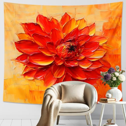 Wandteppich mit roten und orangen Blumen, Dahlie, florales Bohemian-Motiv, dekorativer Wandbehang, lebendige Wandteppiche, ästhetisch für Schlafzimmer, Wohnzimmer, Studio, 101,6 x 152,4 cm