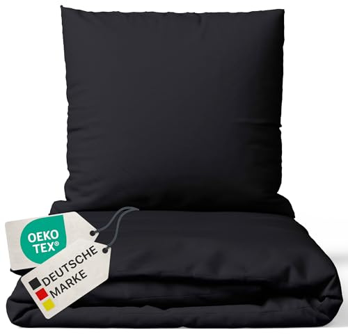NYVI Bettwäsche Set DreamScience Renforcé Uni 135x200 + 80x80 cm Schwarz - Atmungsaktiv & Weich - 100% Baumwolle - Mit Reißverschluss, Oeko-TEX Zertifiziert, für Allergiker geeignet