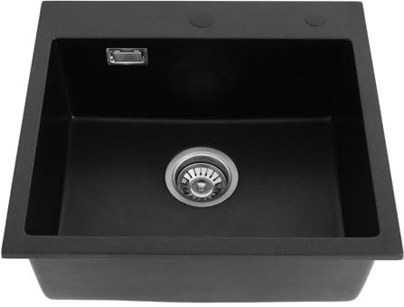 Lavello nero in pietra di quarzo quadrato da incasso o sottopiano con filtro di scarico, lavabo da balcone sotto lavello da cucina con raccordo per tubi 50 x 45 cm