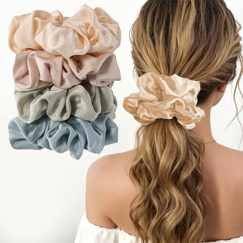 (4 Stück) Lolalet Große Haargummis Seide Scrunchies Satin für Damen, Haargummi Weich Elastisch Silk Skrunschis Groß für Damen Frauen Mädchen 4 Farben - E