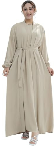 Zofocy Elegant Muslim Two-Piece Long Abaya - Belted Design, Side Pockets, Islamic Prayer Dress, Women Eid Clothes
