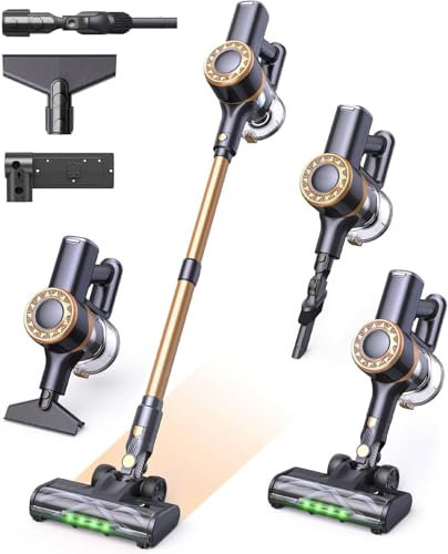 MIUZZY P2 Akku Staubsauger, 30kPa Kabelloser Staubsauger mit Anti-Verwicklungsbürste und verbesserter grüner Beleuchtung, Selbststehendes Sauggerät für Tierhaare, Teppiche und Hartböden