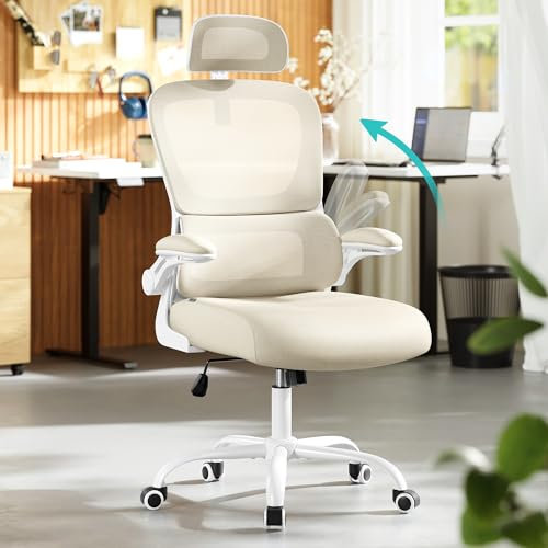SONGMICS Sedia Ergonomica da Ufficio, Sedia Computer, Tessuto Rete a Doppio Strato, Braccioli Sollevabili, Supporto Lombare Adattabile, Poggiatesta Regolabile, per Studio, Beige Sabbia OBN041L01