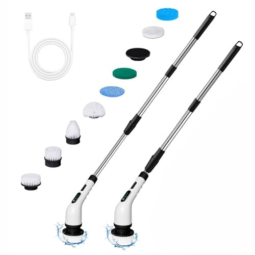 Electric Spin Scrubber, 8 Replacement Heads, 3 Powerful Speed, Battery Level Visible, Upgrade Electric Cleaning Brush w/Adjustable Extension Arm for Bathroom Kitchen Car Tile Wall Floor, Black