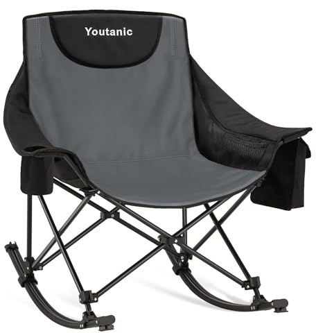 Youtanic Übergroßer faltbarer Schaukelstuhl, Campingstuhl, gepolstert, tragbar, Schaukelstuhl mit Taschen, Getränkehalter und Tragetasche, robuster Outdoor-Wippstuhl für Garten, Rasen, Hof, bis zu 180