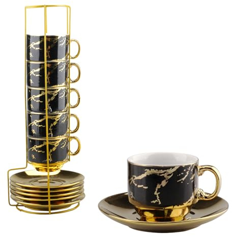 inodiref 6 Espressotassen Set Keramik Espresso Tassen Set mit Untertasse 75 ml Kaffeetassen Set 6er mit Ständer(Schwarzes Gold)