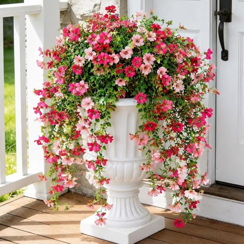 Aisamco 4 Flores Colgantes Exterior UV Resistente | Flores seda artificial, Eucalipto hojas, Para jardin, terraza, balcon, porche, Resistente rayos UV, Planta colgante falsa, D