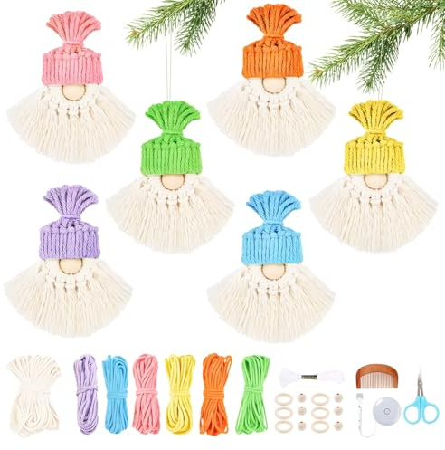 SneiDr 6 DIY Weihnachtsmann Kit Mit 6 Farben Baumwollseilen 20 m Weißseil Holzring Holzperle Kamm Schere Maßband Makramee Weihnachten Set Ideal Für Anfänger Weihnachtsbaum Deko Geschenk