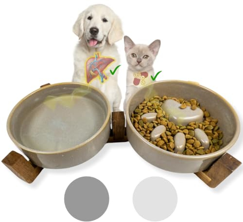 LuxNero Keramik-Hundenapf-Set erhöht mit Holzständer – Antischlingnapf & Wassernapf im Pfoten-Design – Futterstation rutschfest & stilvoll für mittelgroße Hunde (Grau)