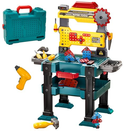 Werkbank Für Kinder 155-teilig | Klappbare Werkbank mit Elektrischer Bohrmaschine & Zubehör | Arbeitsplatte Lernfunktion | Lernspielzeug für Werkbank ab 3 Jahren | Maße 69x56x31cm (blua)
