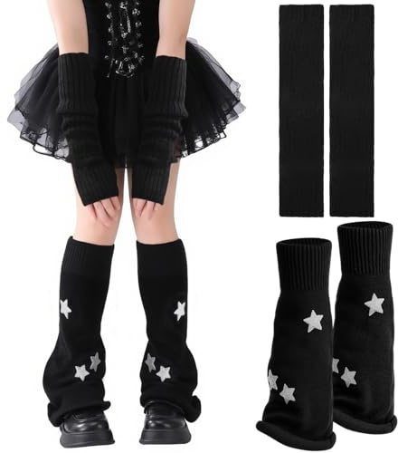 Scaldamuscoli Larghi Lavorati a Maglia per Donne, Y2K Lolita Gambaletti Calzini Lunghi, Lunghi guanti senza dita, Kawaii Leg Warmers, Accessori Gotici, per Donna Ragazze Invernali Cosplay (2 Paia) (B)