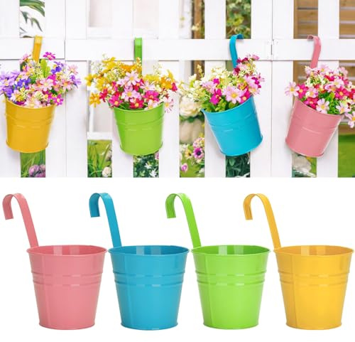 KINGLAKE 4 Stück 10cm Blumentöpfe zum Aufhängen Hängend，Bunt Blumentopf Metall,Große Hängetopf mit Abnehmbarem Haken und Loch, für Balkon, Zäune, Fenster, Geländer
