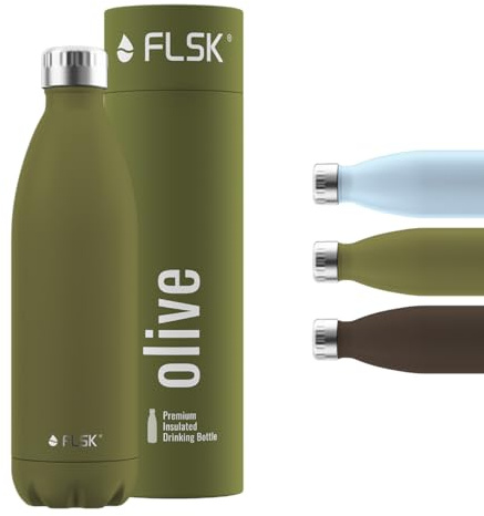 FLSK Trinkflasche – Premium Edelstahl Thermosflasche – 100 % auslaufsicher & kohlensäuregeeignet – hält 24 h kalt & 18 h heiß – BPA-frei (olive, 1000 ml)