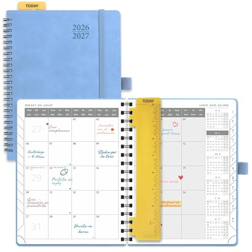 POPRUN Agenda Månadskalender 2026 2027, Juli'26 - Dec'27, 18 Månader 22 x 16,5 cm, 2 Sidor per Månad, Skolkalender, Mjuk Spiralbindning, Linjal, Papper 100 gsm,Azurblå