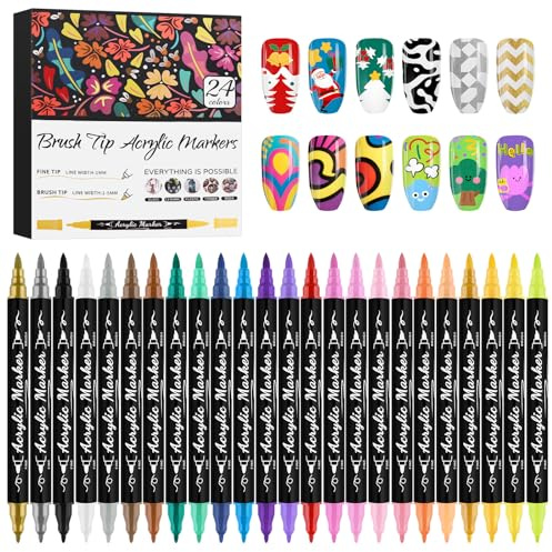 24 färger, nagelkonst, markörer, set, kalolary 3D nagelkonst, pennor, dubbelhövdad nagelspets, graffitipenna, snabbtorkande, ritning, målning, foder, borste, för gör-det-själv nagelkonst, hem och