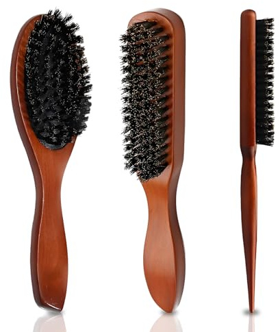 3 Stück Wildschweinborsten Bürsten, Boar Bristle Brush aus Holz Haarbürste Wildschweinborsten Rötlich Bart Bürste Sleek Bun Bürste für Haar Bart