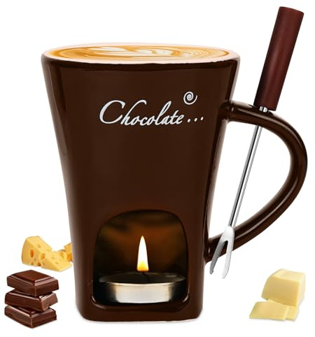 Vicloon Schokofondue Tasse, 130ml Keramik Schokoladenfondue Set mit Gabeln, Schokoladen Fondue Becher, Schmelztopf für Schokolade Käse Butter Karamell, Schmelztiegel Schoko Fondue Cup - Braun