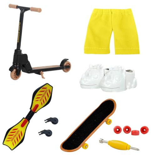 DIFLAX Mini Fingerspielzeug Set Finger Skateboard Finger Scooter Finger Spitzen Mini Fingerboards Training Requisiten mit Reparaturwerkzeugen und Kleidung für Kinder Erwachsene Partygeschenke (Gelb)