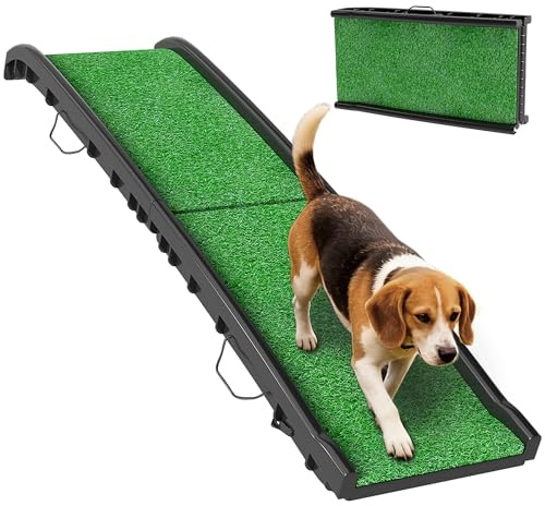 PawHut Rampa para Perros con Césped Artificial, 155 cm, Rampa para Perros para Coche Plegable con Asa, Ángulo Ajustable, Antideslizante, para Todas Las Razas, para Cama, Sofá, Verde