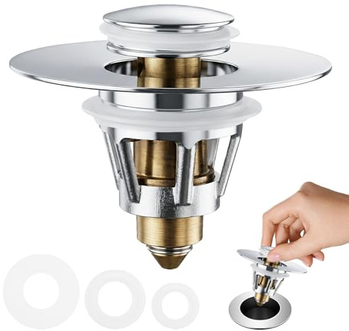 Mritrit Tappo di scarico universale per lavandino, valvola di scarico pop-up, in acciaio inox, con filtro, filtro anti-intasamento, per lavandino da cucina, vasca da bagno, fori di scarico da 26-42 mm