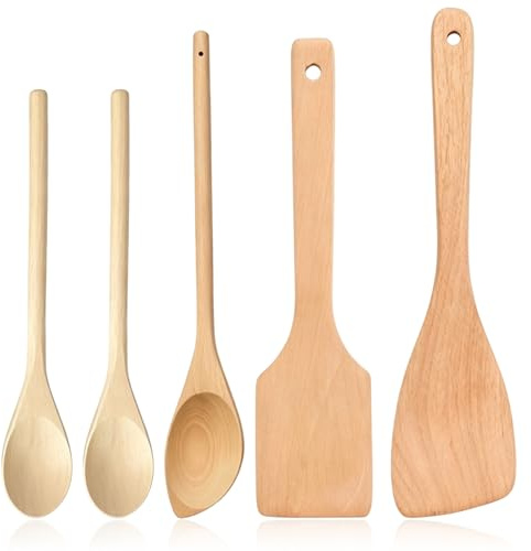 5 Pcs Wooden Spoons for Cooking, Kitchen Utensils Set Wooden Utensil Set, Oblique Shovel Straight Shovel Oblique Spoon and 2 Pcs Woodens Spoons, Woodens Kitchen Utensils for Cooking Baking