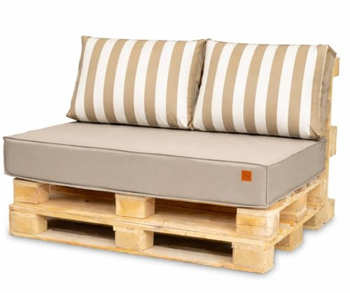 Bielik Palettenkissen Set für Palettenmöbel 120 x 80, Wasserdicht Europaletten Sitzkissen Made in EU, Palettensofa Outdoor Komplett in Farbe: (Beige + Streifen, Sitz 120x80+2 Kissen 60x40)