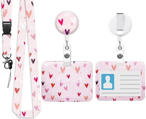 Ausweishülle mit Band Krankenschwester Zubehör Set, Kartenhalter mit Einziehbarer Badge Reel und Schlüsselband, ID Kartenhülle für Dienstausweis Busfahrkarte Studenten Büro, Pinkes Herz Design