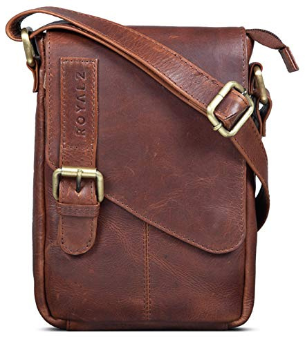 ROYALZ 'Louisiana' Bolso Bandolera Pequeño para Hombre Bolsa de Piel Auténtica Vintage Mensajero de Cuero, Color:Roma Coñac Marrón