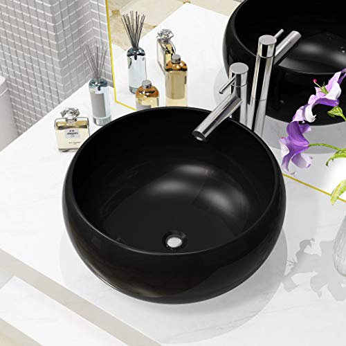 Nishore Vasque à Poser de Salle de Bain Lavabo Céramique Emaillée Rond Noir 40 x 16 cm