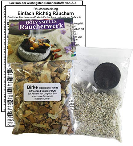 BIRKE Holz Blätter Rinde zum RÄUCHERN. 5-TLG Räucherset - 60ml Räucherwerk mit Räucherkohle (1x) + Räuchersand + Räucheranleitung + Lexikon der wichtigsten Räucherstoffe A-Z. 82060-9