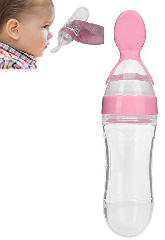 Alimentatore per alimenti per neonati da 90 ml, biberon in silicone per bambini con cucchiaio Alimentatore per spremere cereali per alimenti freschi(Rosa)