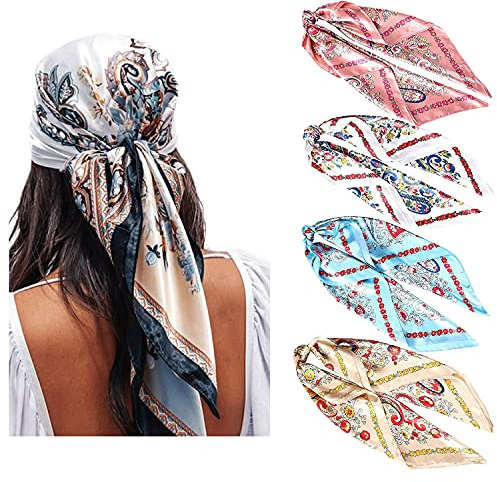 WELROG 90x90cm Große quadratische Fleckschals für Damen 4 PCs Frauen Seidig wie Kopftuch Bandanas Haarschal Halstuc Schlafringe (Set #6)