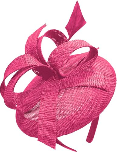 Sinamay Fabric Pillbox Hat Headband Abstract Loops Structure One Long Feather Fascinator Ascot Hatinator Races UK (Fuchsia Pink)