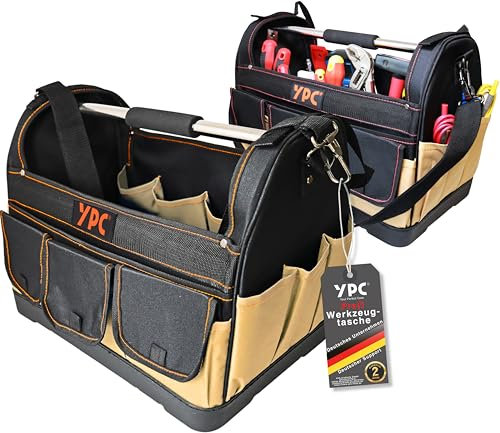 YPC Pioneer Werkzeugkorb XXL – Profi tragbare Werkzeugtasche mit stabilem Boden, Wasserfest, Reißfest, Schultergurt mit Polster & Metall-Handgriff, Beige- Schwarz, 45x35x23cm – 20 kg Tragkraft