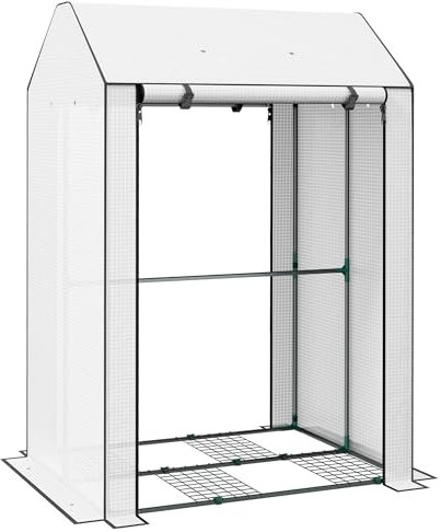 Outsunny Mini Greenhouse with 4 Wire Shelves, Portable Tomato Greenhouse, Upgraded Garden Grow House for Plants with Roll Up Door and Vents, 100 x 80 x 150cm, White