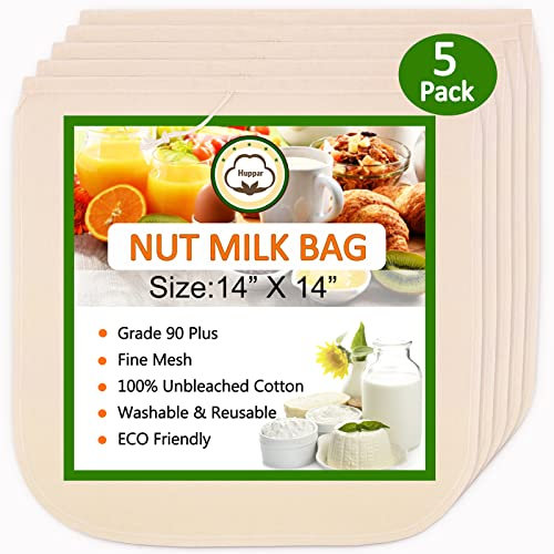 5 Pack Nut Milk Bag 14x14, Cheesecloth bags for Straining Reusable, 100% Unbleached Cotton Cloth, Almond/Oat/Soy Milk Strainer, Filter Bag for Cheese/Yogurt/Juice/Cold Brew Coffee Wine/Soup/Herbs