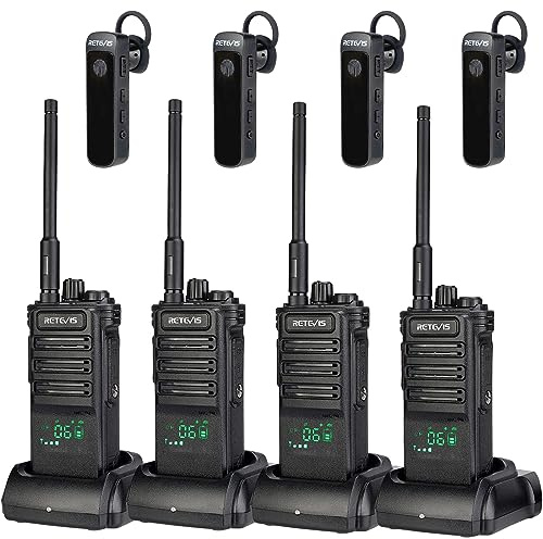 Retevis RB689 Walkie Talkie Große Reichweite, Funkgerät mit Drahtlose Kopfhörer, 2600mAh, USB Wiederaufladbar, Taschenlampe, Funkgeräte Set für Auftragnehmer (Schwarz, 4Pcs)