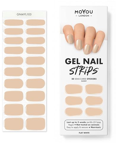 MOYOU LONDON Halbgehärtete UV Gel Strips - 20 Stück - Gel-Nagelfolien UV Härtend für Maniküre in Salonqualität - Flat White