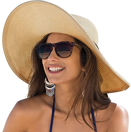DRESHOW Femme Capeline Chapeau de Paille à Large Bord Casquettes Anti-Soleil Respirant Anti UV Chapeau de Paille Plage de Soleil UPF 50+