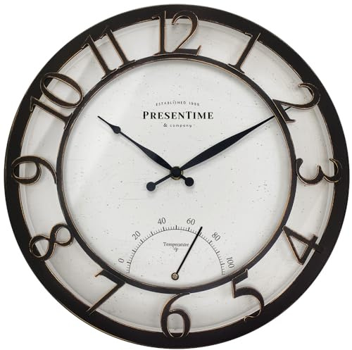 Presentime & Co 13 Farmhouse Outdoor Wall Clock w/Outdoor Thermometer, Cottage Style, Raised 3D Arabic Numerals, Oil Rubbed Bronze Finish (Wall Clock for Patio, Cottage, Poolside, Garden Spaces)