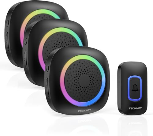 TECKNET Timbre Inalámbrico con Pilas, RGB Timbre Inalámbrico Exterior Impermeable IP66 con 3 Receptores, 400M Alcance, 5 Niveles de Volumen y 60 Melodías para Casa, Hotel, Oficina, Emergencia