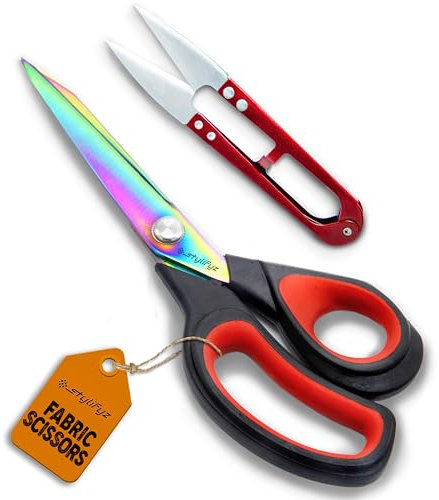 STYLIFYZ Fabric Scissors, 9.5 Inch Heavy Duty Titanium Coated Stainless Steel Dressmaking Scissors, Extra Sharp Sewing Scissors for Fabric Cutting, Tailors Scissors with Soft Grip (Red/Black)
