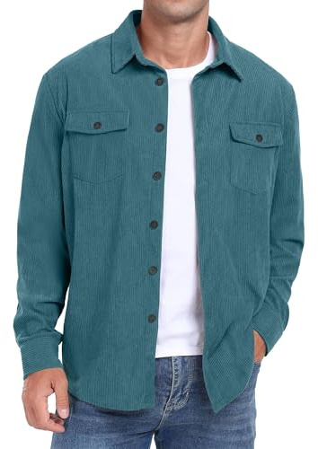 QIXING Chemises boutonnées en velours côtelé à manches longues pour homme Shacket Veste de camionneur Vestes d'automne hiver avec poches à rabat, bleu / vert, XXL